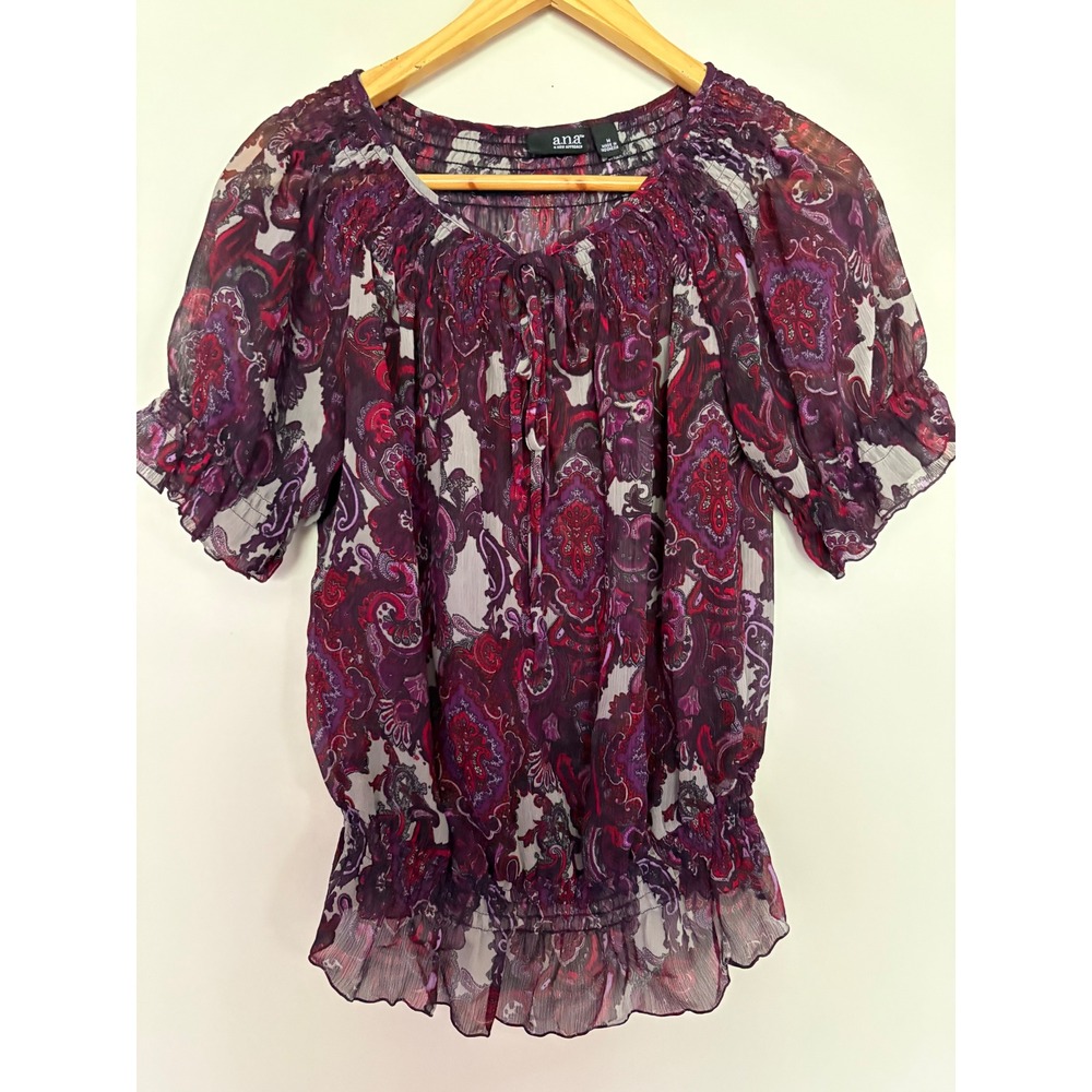 ANA A New Approach Purple Paisley Smocked Chiffon Blouse Top Medium Boho Paisley